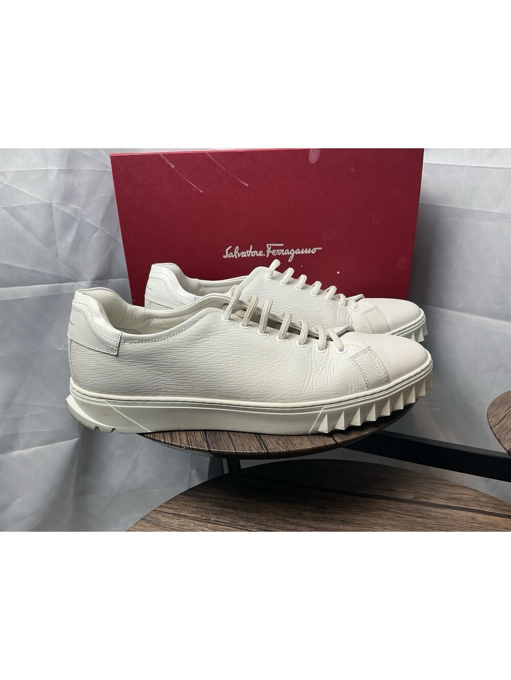 Salvatore Ferragamo White Leather Men's Sneakers with Textur